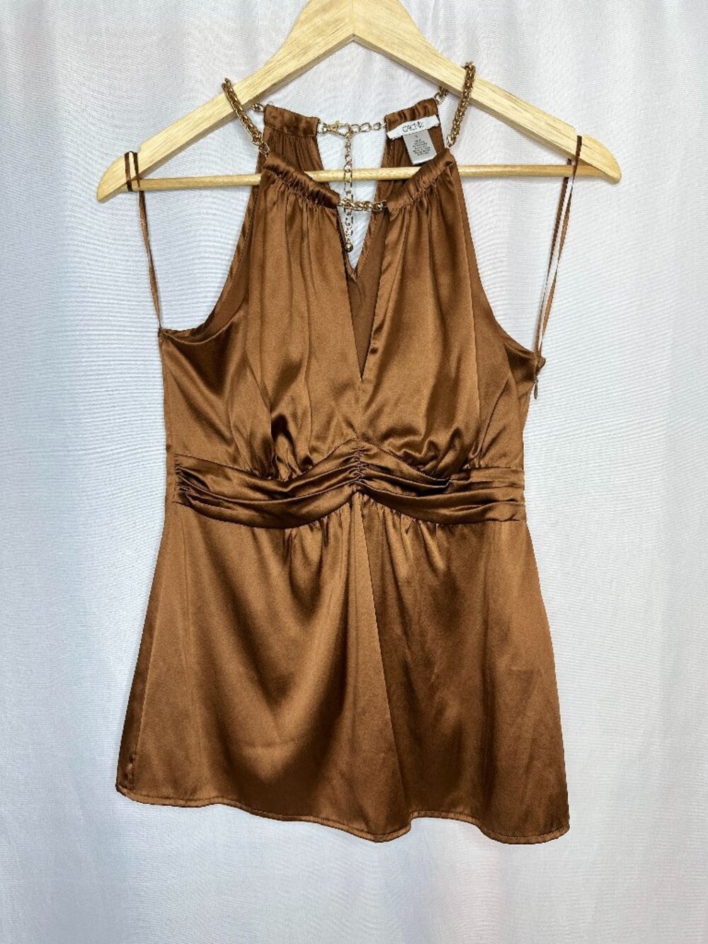 Caché Brown Silk Halter Gold Chain Neck, SZ Small Elevated Y2K Sleek Fairy Party